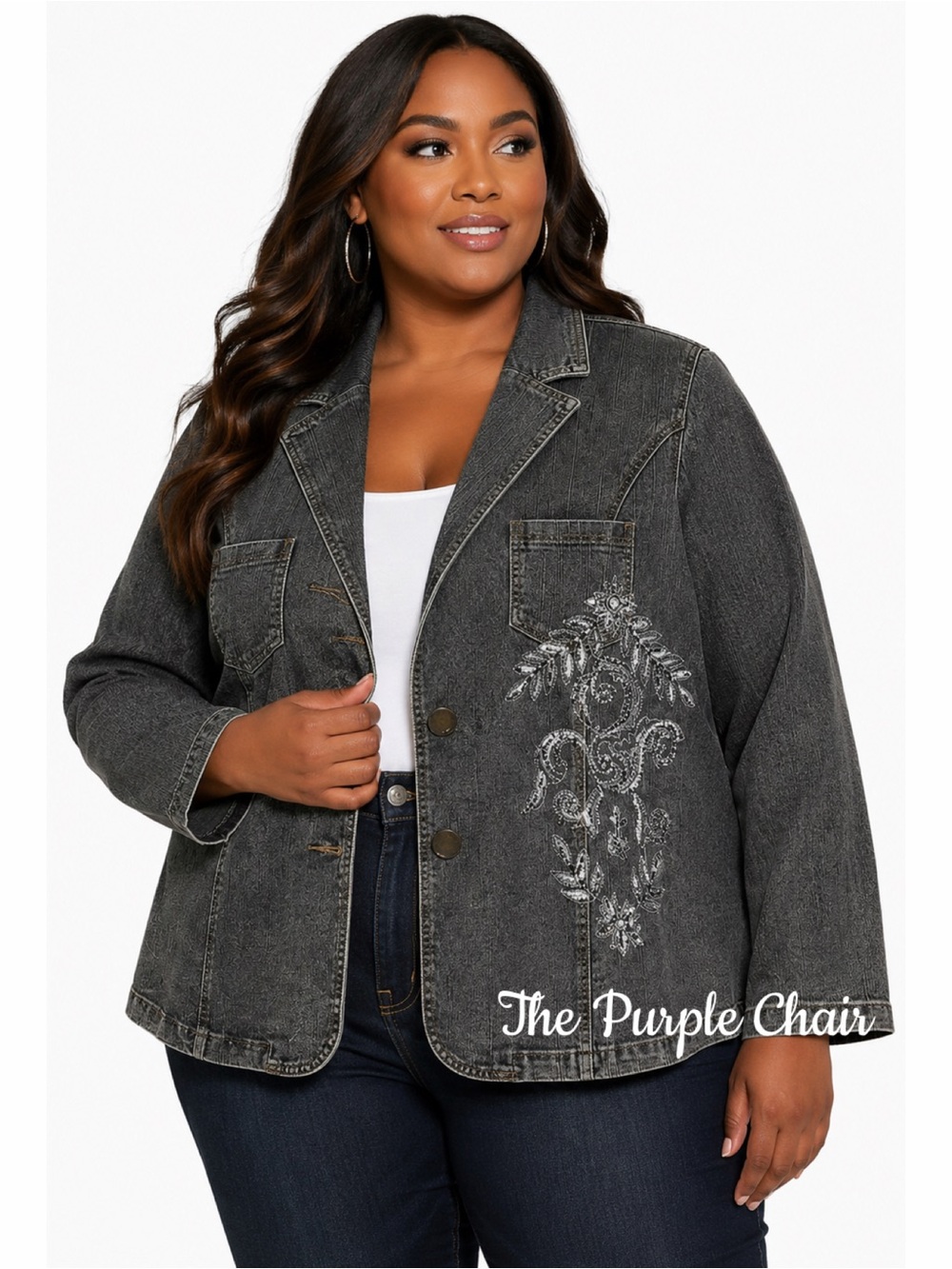 ASHLEY STEWART Embroidered Button Front Denim Jacket